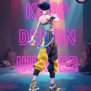 May include: A 3D-printed figure of a person in a K-pop-inspired outfit, with the words "KPOP DEMON HUNTER" in neon pink. The figure wears a blue and yellow outfit and matching shoes. The image includes the text "KyleVerseStudio" and "2021".