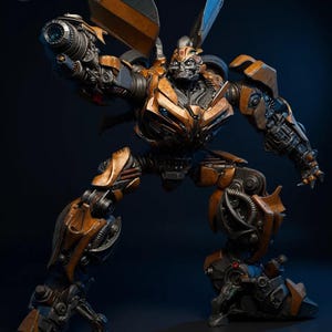 May include: A detailed, orange and black robot figure in a dynamic pose, with a weapon extended. The figure has intricate mechanical details and is set against a dark background. The image includes the text "Kyle Verse Studio 3D Print".