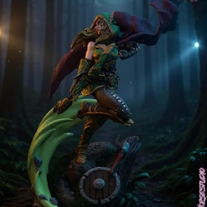 May include: A detailed 3D-printed figurine of a female warrior in a forest setting. The figure wears green and gold armour, a hooded cloak, and is posed dynamically. The base includes a shield, axe, and the text "KYLE VERSE STUDIO 3D PRINT".