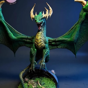 Green dragon STL supported – wings spread fantasy creature miniature