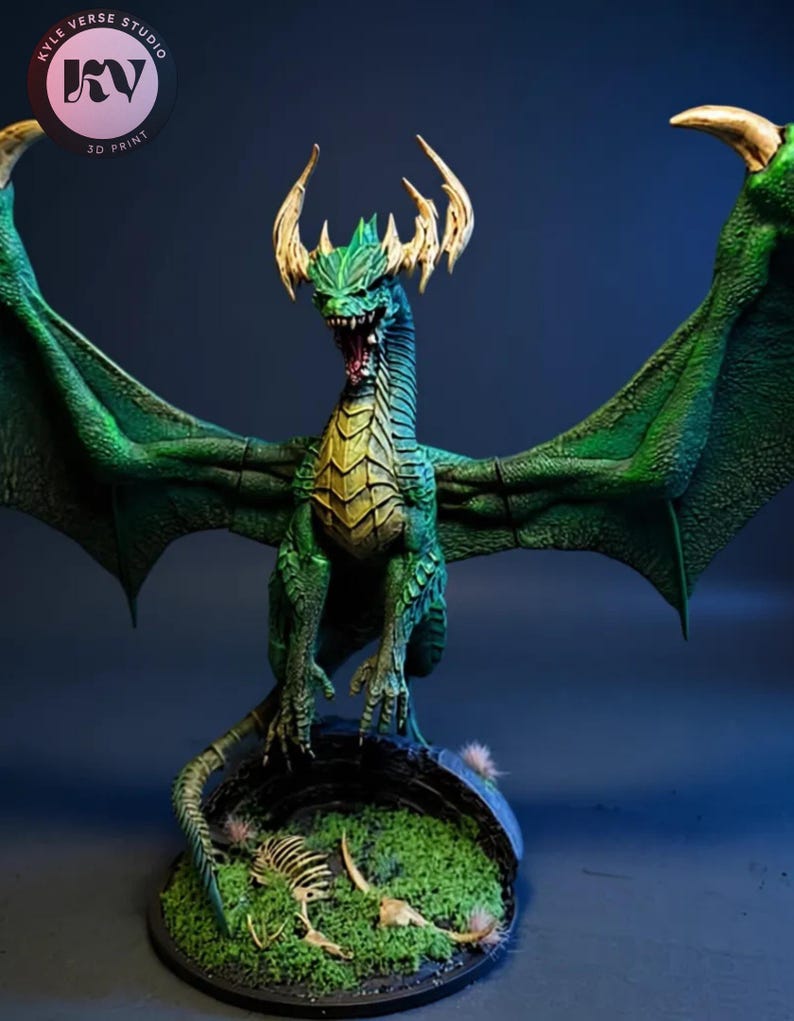 Green dragon STL supported – wings spread fantasy creature miniature
