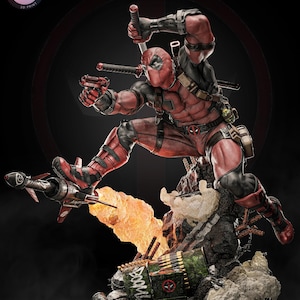 May include: A dynamic 3D-printed Deadpool figure in a combat pose, clad in a red and black suit, wielding a sword and pistol. The figure is mid-jump, with a rocket-powered device beneath one foot, and a fiery explosion effect. The base features a green ammunition box.