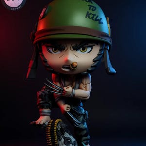 May include: A 3D-printed figurine of a character in a military helmet with the words "Born to Kill." The figure has claws extended and is standing on a rock formation. The figure is wearing camouflage pants and a dog tag.