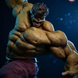 May include: A detailed 3D-printed figure of the Hulk, with a muscular physique and a fierce expression. The figure is predominantly green with dark purple shorts. The image includes the text "KyleVerseStudio" and a logo.