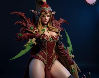 May include: A detailed 3D-printed figurine of a fantasy character in a red and gold outfit, holding a green bladed weapon. The figure has long blonde hair, pointed ears, and is adorned with green gemstones. The image includes the text "KYLE VERSE STUDIO 3D PRINT" and "KVSTUDIO19".