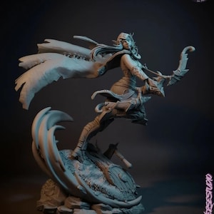 Warcraft III ranger bust STL model with elven armor and long flowing hair