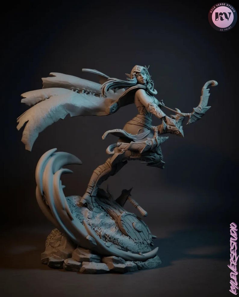 Warcraft III ranger bust STL model with elven armor and long flowing hair