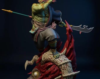 May include: A 3D-printed statue of a warrior with green skin, a purple topknot, and traditional clothing, wielding a spear and a curved blade. The figure stands atop a red and white dragon-like creature. The text "KYLE VERSE STUDIO" is displayed.