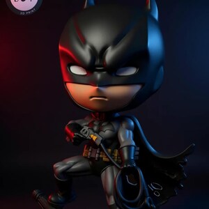High-detail close-up of chibi superhero STL figure showing armor and cowl
