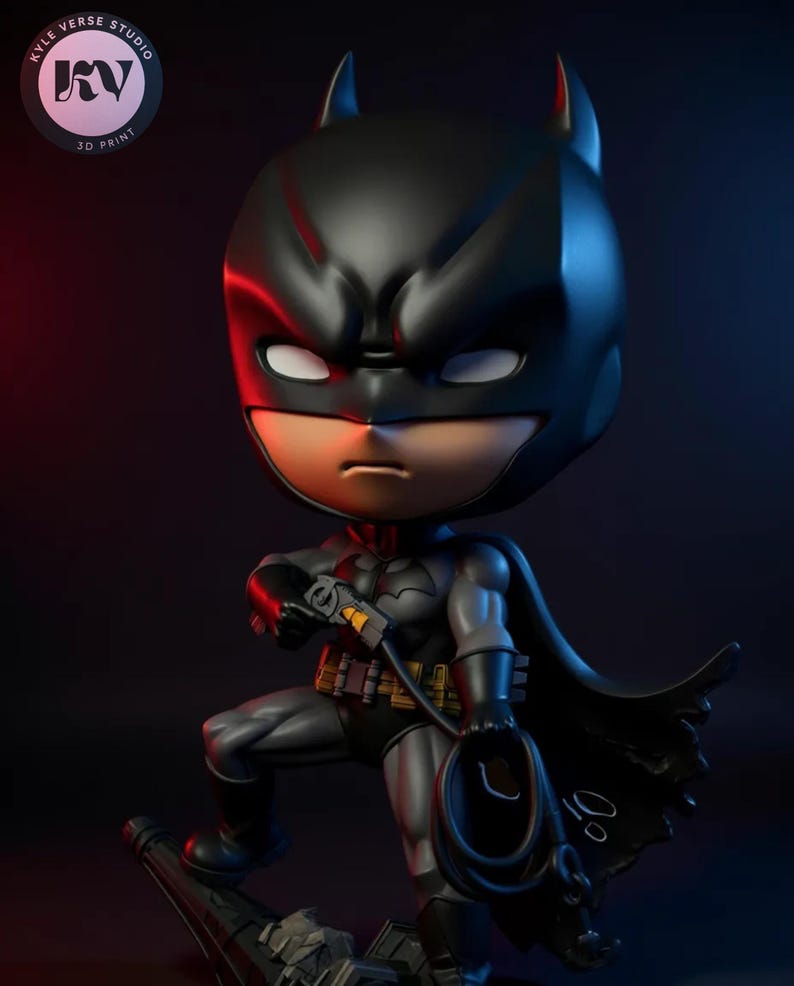 High-detail close-up of chibi superhero STL figure showing armor and cowl