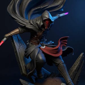 May include: A detailed 3D-printed statue of a hooded figure in a dynamic pose, wielding two lightsabers. The figure wears a dark outfit with a red mask and cape. The statue is set on a rocky, futuristic base, with the "Kyle Verse Studio" logo visible.