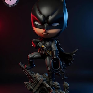 “Chibi Bat boy-style 3D STL figure on gothic base, cape flowing dramatically.”
