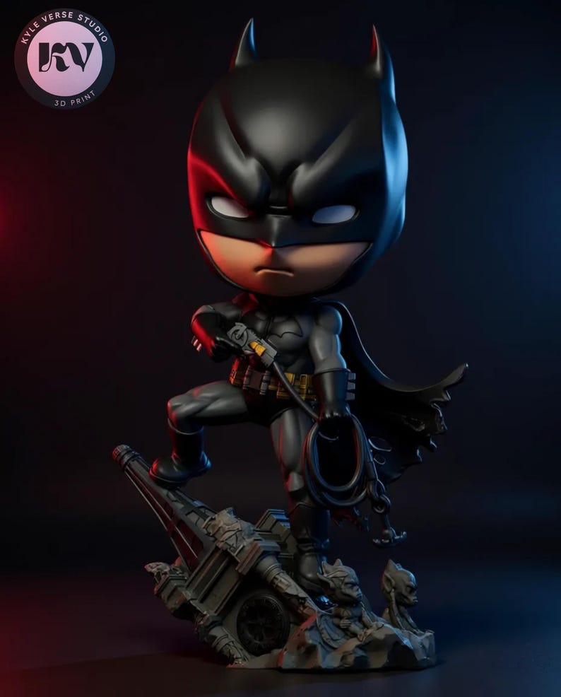 “Chibi Bat boy-style 3D STL figure on gothic base, cape flowing dramatically.”
