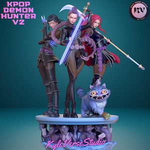 May include: A 3D-printed figurine of three female characters with weapons, in dark outfits with purple details. A blue cat with glowing eyes is at their feet. The base features the text "KyleVerse Studio". The figurine is a detailed fantasy art piece.