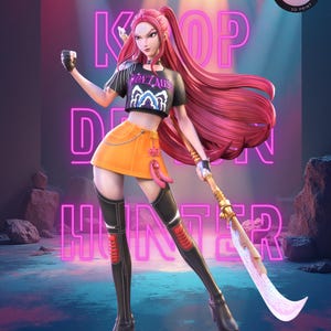 May include: A 3D-printed figure of a female character with long red hair, wearing a black crop top with the text "WON'T MISS", an orange skirt, and black boots. The figure is holding a weapon. The background has neon pink text that says "KPOP HUNTER".
