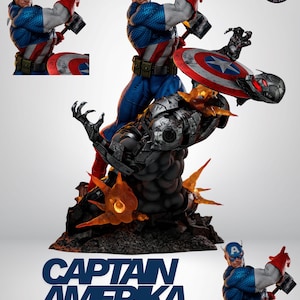 May include: A Captain America statue in a dynamic pose, wielding a hammer and shield. The figure is clad in a blue, white, and red costume, standing atop a detailed battle scene. The base features the text "CAPTAIN AMERIKA 2 MODEL HEAD".