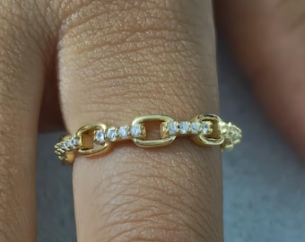 18k Gold Plated Silver Moissanite Gold Chain Link Ring Minimalist Pave Chain Ring Dainty Gold Chain Ring Half Eternity EveryDay Ring for her