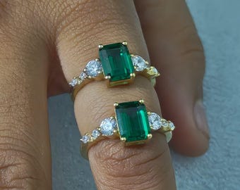 18k Gold Plated Silver Lab Emerald Green Octagon Stone Ring with Side Clear Stones | Gold Plated Three Stone Ring | Vintage Style Jewelry