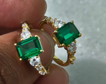 18k Gold Plated Silver Lab Emerald Green Octagon Stone Ring with Side Clear Stones | Gold Plated Three Stone Ring | Vintage Style Jewelry
