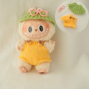 Handmade Crochet Labubu Outfit Yellow and Green Set – Hat + Dress + Glasses | Cute Doll Clothes