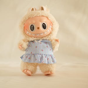 Kawaii Handmade Labubu Outfit in Blue- Sweet Cherry Patterned Skirt with Bowknot