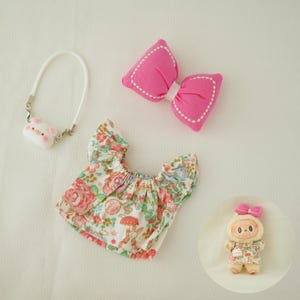 Handmade Labubu Floral Picnic Outfit - Tops, Hair Clips & Mini Bags | Doll Outfits, Toy Clothing, Doll Accessories
