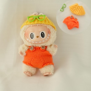 Handmade Crochet Labubu Outfit Orange and Yellow Set – Hat + Dress + Glasses | Cute Doll Clothes