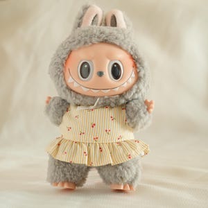 Kawaii Handmade Labubu Outfit in Yellow - Sweet Cherry Patterned Skirt with Bowknot
