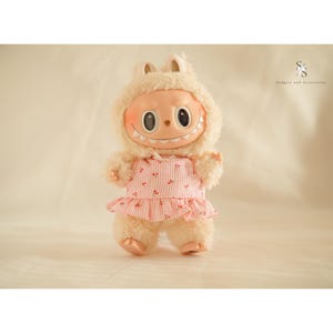 Kawaii Handmade Labubu Outfit in Pink- Sweet Cherry Patterned Skirt with Bowknot