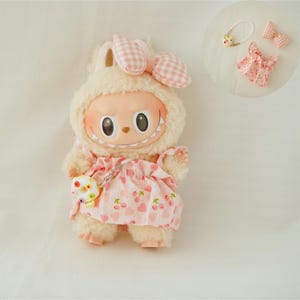 Handmade Labubu Cherry Pink Bow Outfit - Tops, Hair Clips & Mini Bags | Doll Outfits, Toy Clothing, Doll Accessories