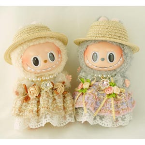 2 Color Labubu Doll Clothing Set - Straw Hat, Diamond Necklace, Lace Dress,Handmade Kawaii Collectible Toy Outfits, Premium Doll Accessories