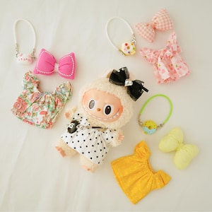 Handmade Labubu Doll Clothes - 4 Colors with Tops, Hair Clips & Mini Bags | Doll Outfits, Toy Clothing, Doll Accessories