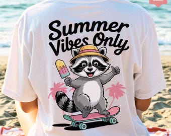 Mapache con vibraciones veraniegas PNG: Clipart de helado de patinador, estilo retro tropical, ambiente vacacional (Descarga digital)