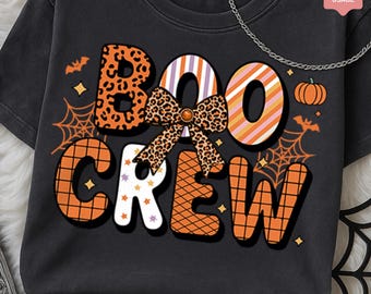 Halloween Boo Crew PNG, Spooky Season Sublimation Design, Leopard Bow Halloween Clipart Digital Download