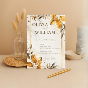 Modèle élégant de faire-part de mariage d'automne | Invitation numérique de feuilles d'or | Carte de mariage imprimable automne