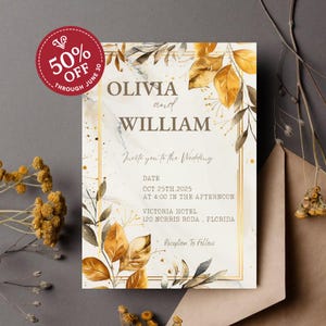 Modèle élégant de faire-part de mariage d'automne | Invitation numérique de feuilles d'or | Carte de mariage imprimable automne