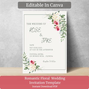 Invitación de boda floral romántica - Plantilla editable de Canva - Descarga PDF de vegetación rosa