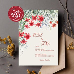 Rustikale rote Blumenhochzeitseinladung - Bearbeitbare Canva Vorlage - Herbsthochzeit PDF Download