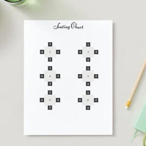 Wedding seating chart includes six square tables with four chairs at each table. Start planning your reception seating chart today!