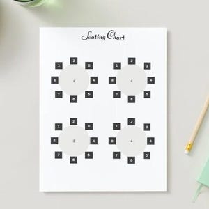 Wedding seating chart includes four round tables with eight chairs at each table. Plan your wedding reception seating now!