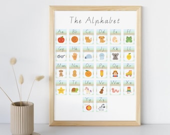 May include: A framed alphabet chart with colorful illustrations for each letter. The artwork features a light wooden frame and includes images of an apple, cat, dog, frog, and more. The title "The Alphabet" is written at the top.