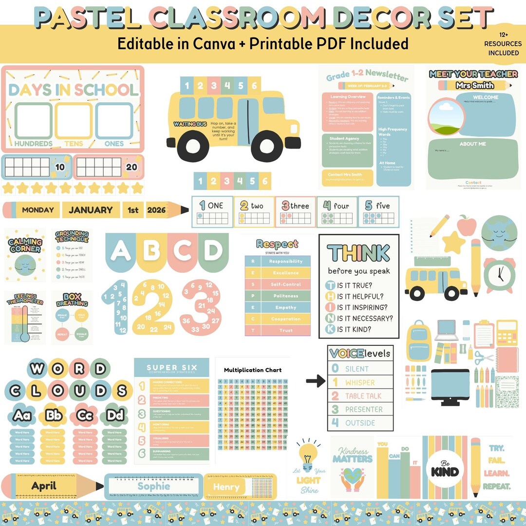 Retro Pastel Classroom Decor Bundle | Editable Canva, PDF Resources - Etsy