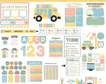 May include: A pastel classroom decor set with various educational elements. Includes a school bus, number charts, alphabet letters, and motivational posters. The set is editable in Canva and includes a printable PDF.
