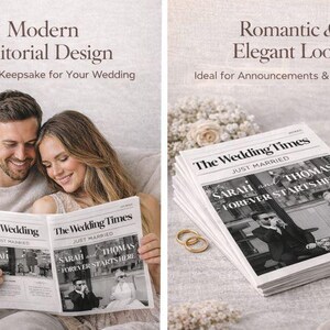 Könnte beinhalten: Ein Stapel Hochzeitszeitungen mit der Überschrift "The Wedding Times" und dem Text "Sarah and Thomas Forever Starts Here". Die Zeitungen liegen neben goldenen Eheringen und Blumen. Ein Paar liest ebenfalls die Zeitung.