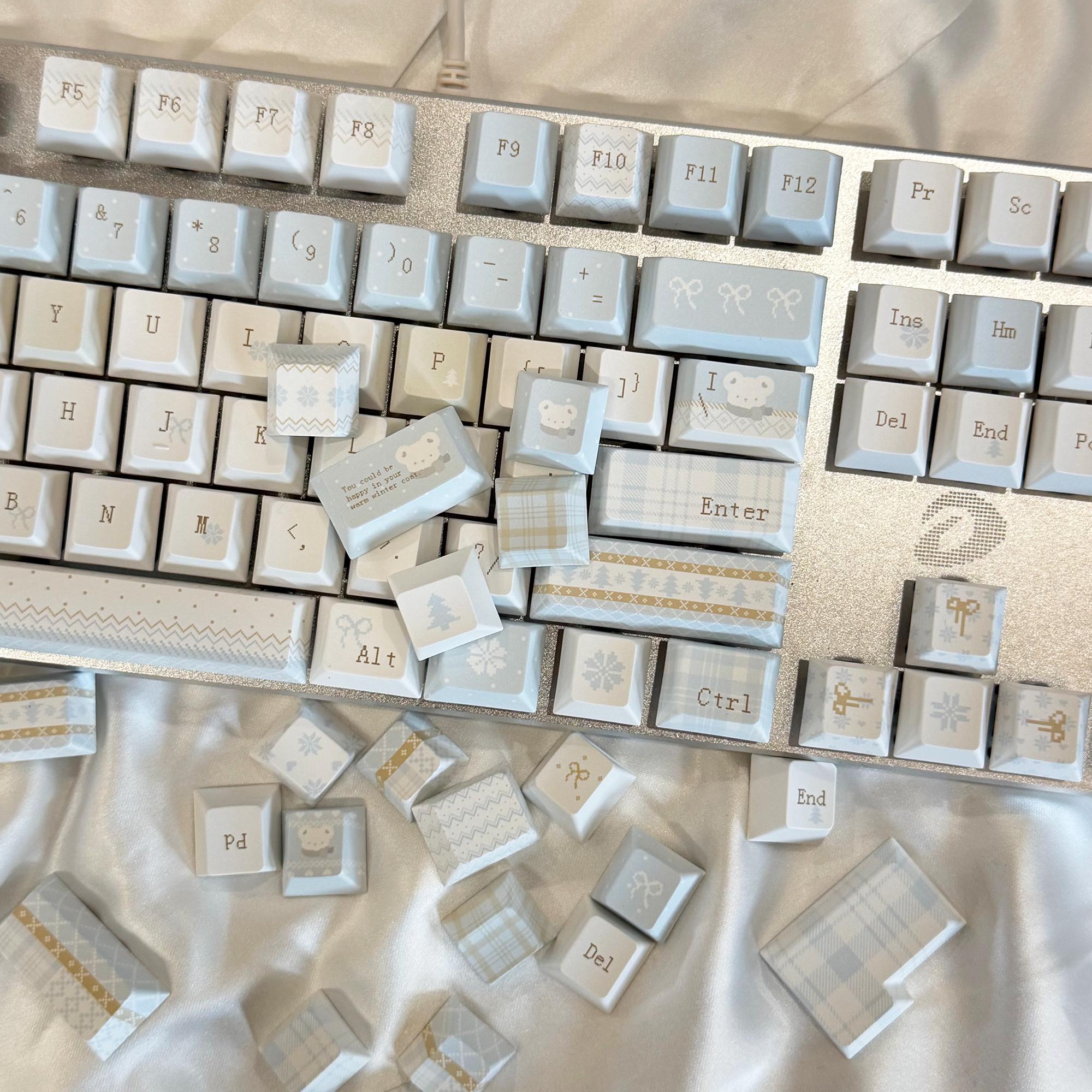 Snowflake Computer Key Caps Winter Bear Letter Keycaps-129 PBT Side-lit Gradient Blue & White ...