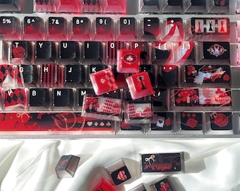 119 Red & Black Translucent Keycaps with Playing Card Designs– Custom Cherry MX Keycaps for Mechanical Keyboards – Gamer Aesthetic Keycaps