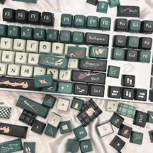 Puede incluir: Una colección de teclas de teclado personalizadas en varios colores y diseños. Las teclas presentan una mezcla de colores verde, negro y blanco, algunas con ilustraciones y texto. Las teclas están dispersas sobre una superficie blanca.