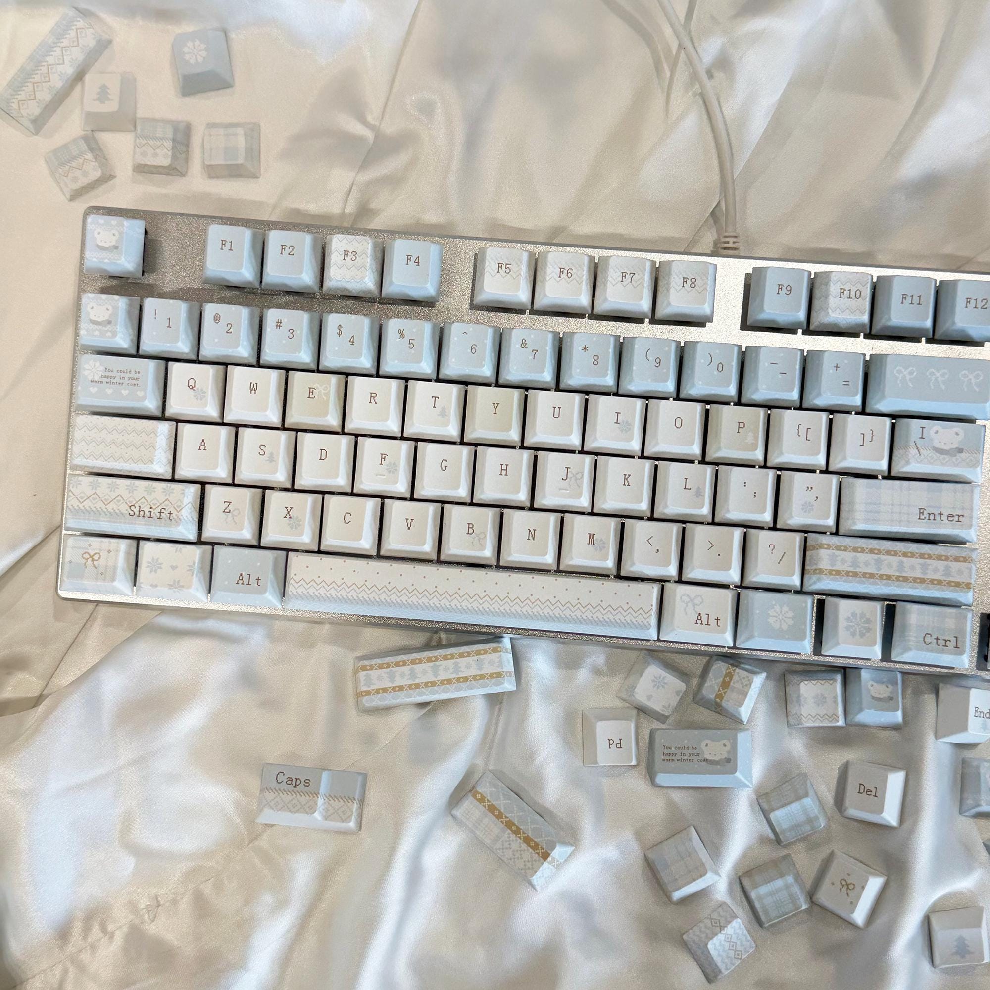 Snowflake Computer Key Caps Winter Bear Letter Keycaps-129 PBT Side-lit Gradient Blue & White ...