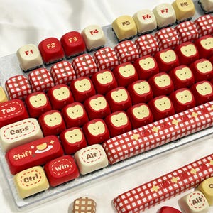 Conjunto de teclas com maçã vermelha fofa, 143 teclas | Teclas laterais feitas à mão | Teclas de teclado kawaii | Teclado mecânico com impressão por sublimação de tinta PBT - Teclado feito à mão