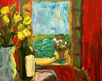 By The Sea (2026) Original Acrylic Painting: 16x20 Window View with Flowers, Textured Art